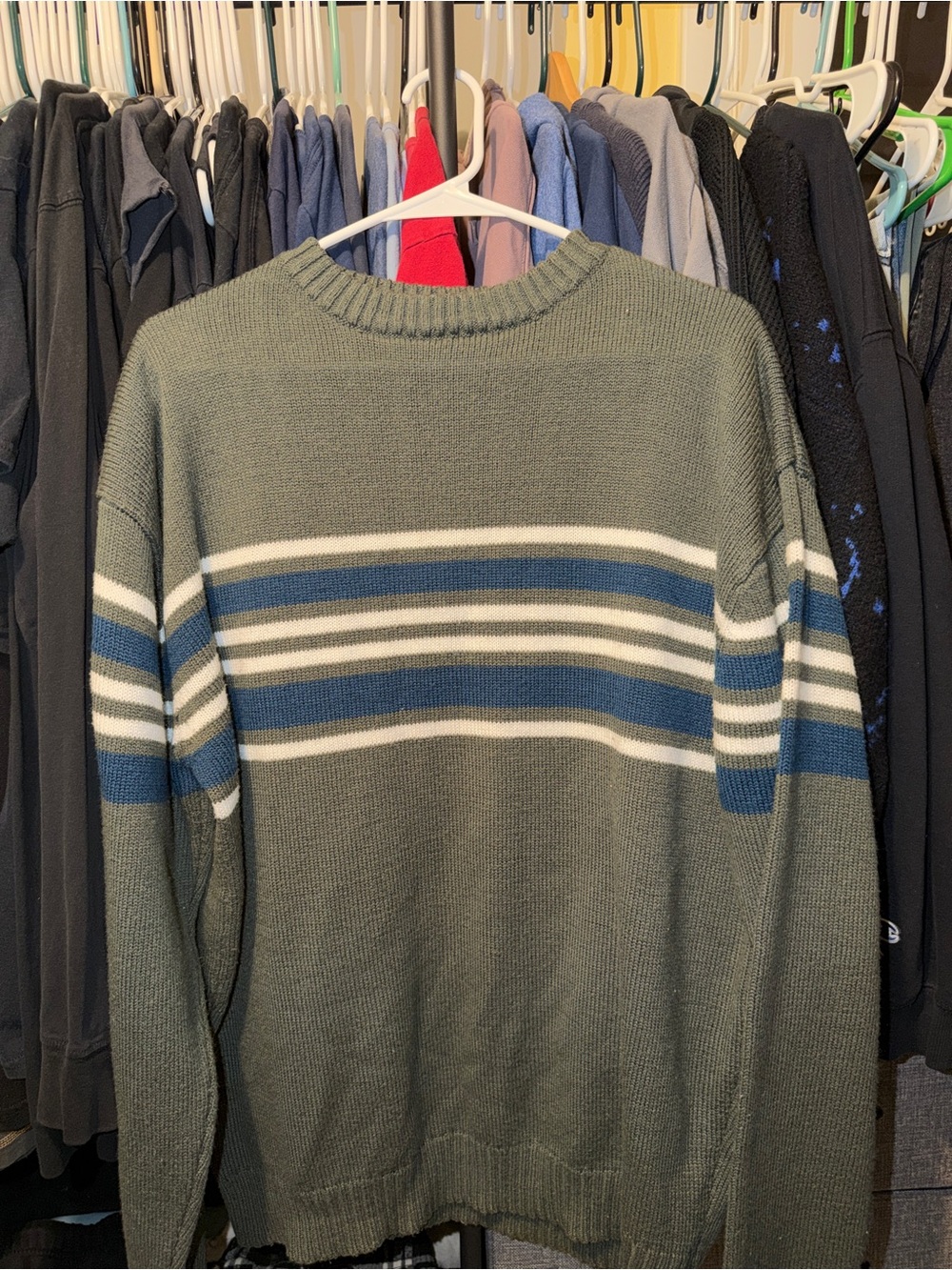 Men's Olive Green Crewneck Sweater with Blue & White Stripe Detail
